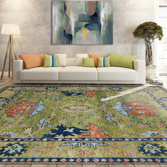 Multi Size Hand Knotted LoomBloom Muted Turkish Oushak 100% Wool Traditional Oriental Area Rug Green,Navy Color