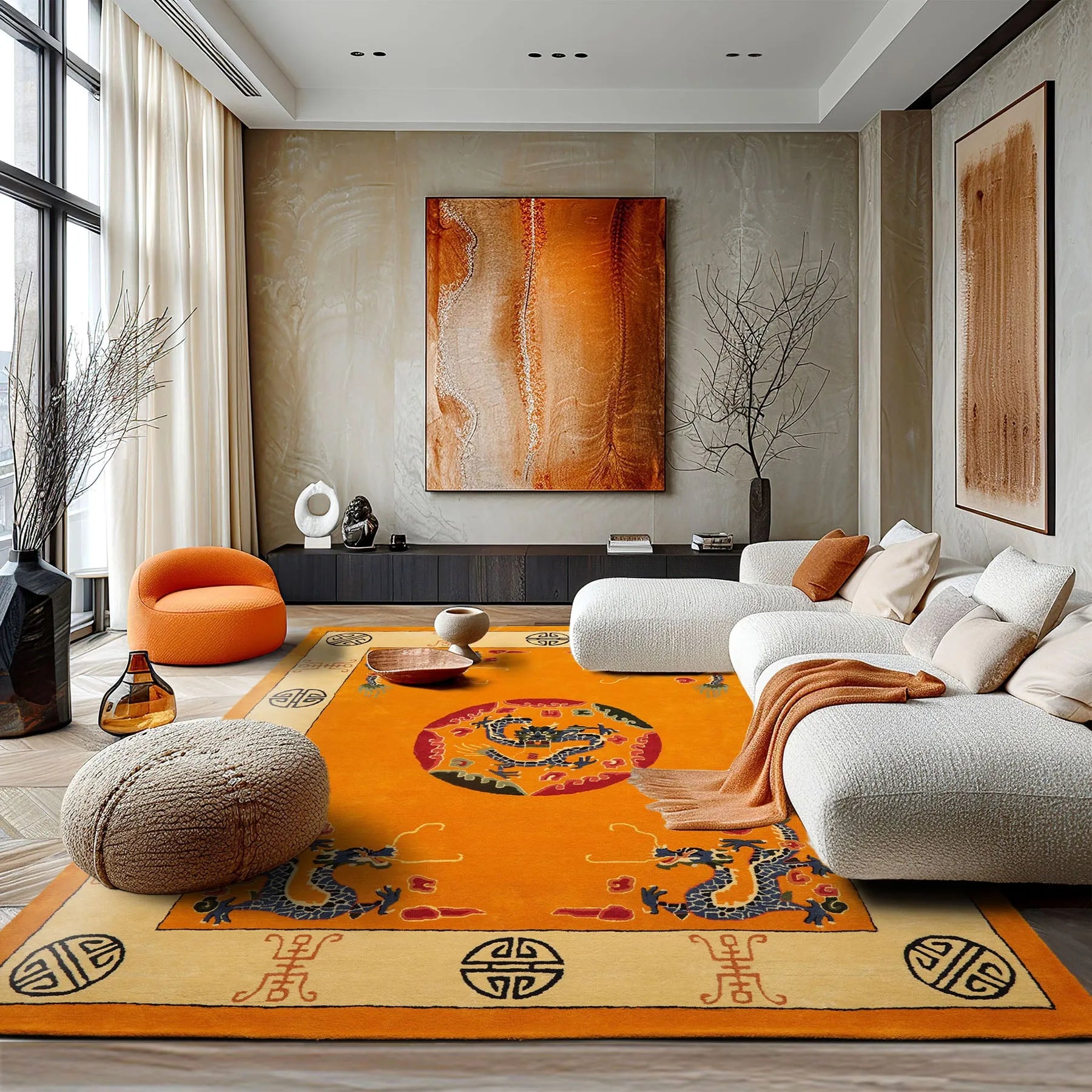 Multi Size Gold Hand Tufted Chinese Art Deco Medallion & Dragon