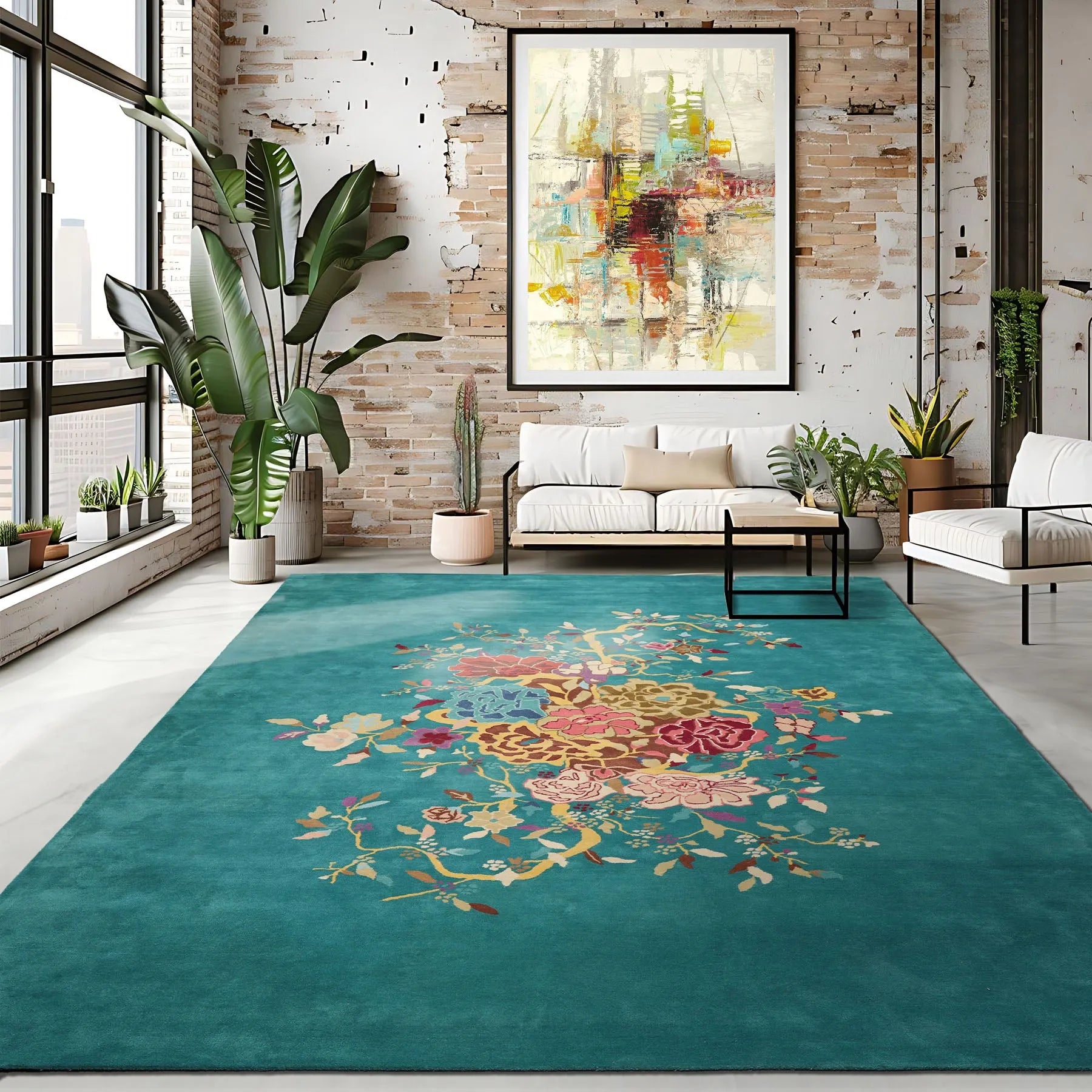 Multi Size Turquoise Hand Tufted Chinese Art Deco Floral Oriental