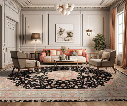 11' 6''x16' 10'' Palace Hand Knotted Wool and Silk Tabriz Traditional 400 KPSI Oriental Area Rug Black, Aqua Color