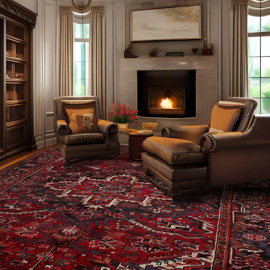 7'3''x11'1'' Vintage Hand Knotted Wool Authentic Herizz Medallion Wool Area Rug Red