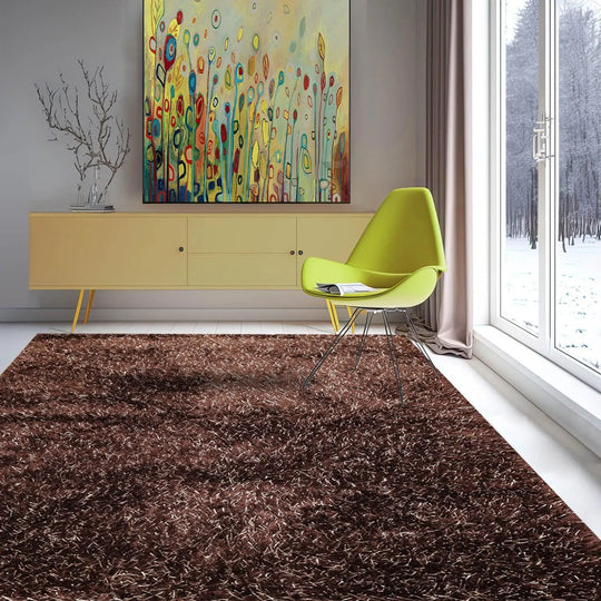 Multi Size Chocolate, White Hand Made Shag Polyester Modern Oriental Area Rug