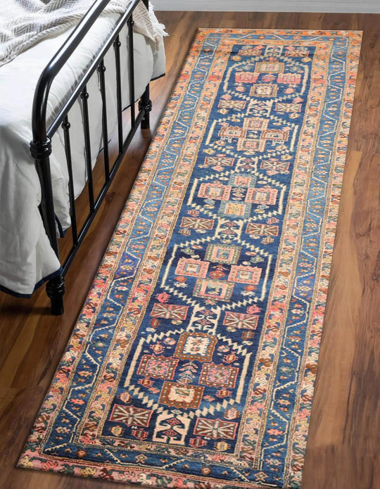 3'6" x 13'7" Antique Runner Hand Knotted Wool Malayar Oriental Area Rug Blue