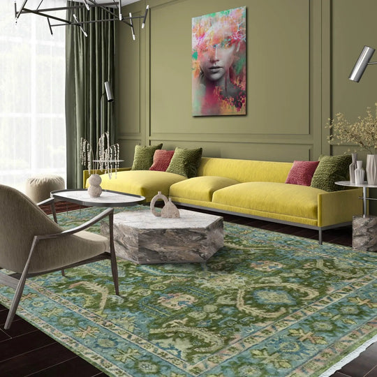 LoomBloom 8x10 Green Hand Knotted Traditional Oushak Wool Oriental Area Rug