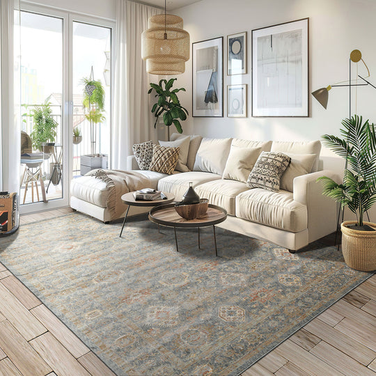 Multi Size Blue Machine Made Dense Pile Rug in a Persian Inspired Traditional Design with Silky Sheen