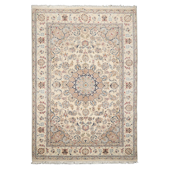 6'3''x9'3'' Hand Knotted Wool & Silk Ivory Nain Traditional Plush Pile Rug