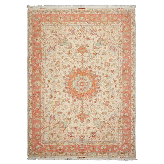 6'7''x9'11'' Hand Knotted Wool & Silk Ivory Tabriz Traditional Rug