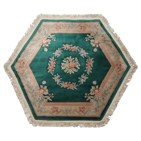 7x7 Square Hand Knotted Wool Emerald Aubusson Savonnerrie Traditional Silky Sheen Velvety Soft Pile Sculpted embossed Rug