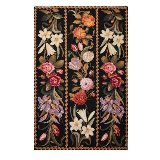 6x9 Hand Woven Wool Black French Needlepoint Traditional Country Garden Rug
