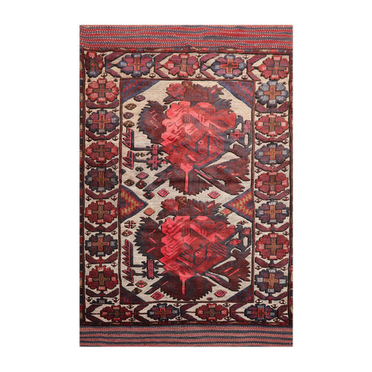 4'2" x 6'4" Antique Hand Knotted Wool High low Pile Oriental Area Rug Beige