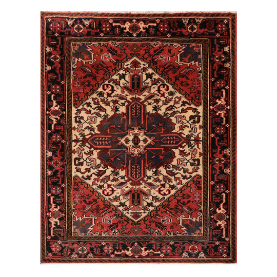 5'1" x 6'6" Hand Knotted Wool Herizz Vegetable Dyes Oriental Area Rug Ivory Red