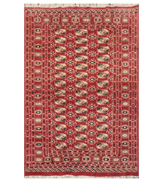 4'2"x6'4" Hand Knotted Wool Bokhaara Traditional 250 KPSI Oriental Area Rug Rust