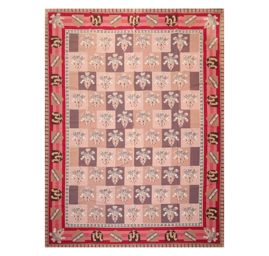 9' x 12' Hand Woven Wool French Aubusson Flatweave Area Rug Rose