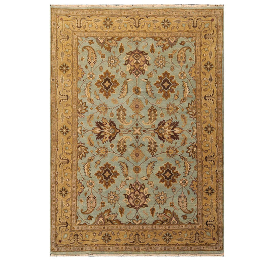 6'2" x 8'11" Hand Knotted Agra 100% New Zealand Wool Muted Area Rug Aqua