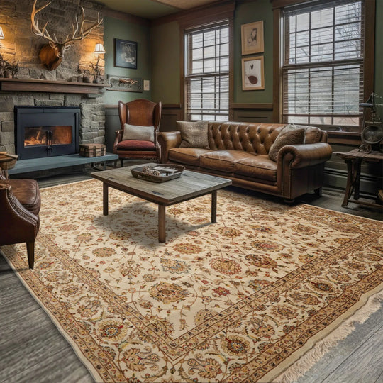 8x10 Ivory, Light Gold Hand Knotted Sino Persian Wool and Silk Kashan Traditional 200 KPSI Oriental Area Rug