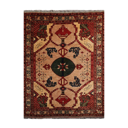 Vintage Tribal Afghan 6’ x 8’2" Wool Foundation Hand Knotted 100% Wool Area Rug Tan