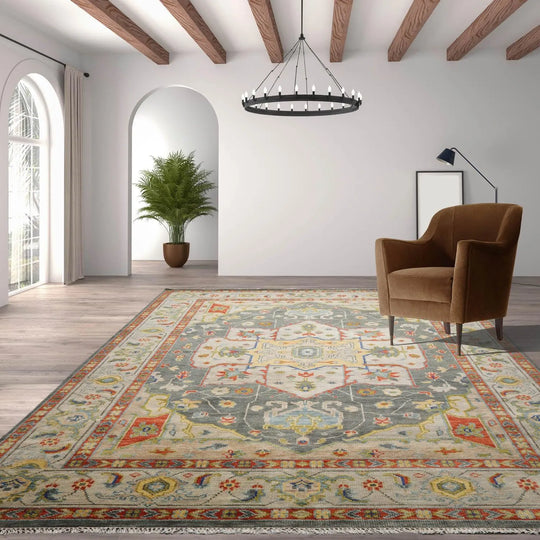 Multi Size Gray, Light Gold LoomBloom Muted Turkish Oushak Hand Knotted Wool Heriz Traditional Area Rug