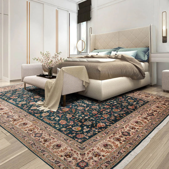 10x14 Hand Knotted Wool and Silk Traditional Tabriz 400 KPSI Oriental Area Rug Teal, Beige Color