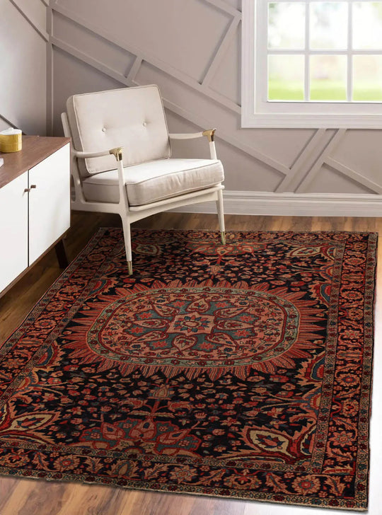 4' 11''x6' 9'' Hand Knotted 100% Wool Antique  Traditional Oriental Area Rug Midnight Blue, Rose Color