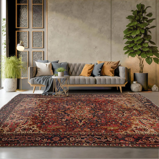 8x10 Rust, Midnight Blue Hand Knotted 100% Wool Heriz Traditional Oriental Area Rug