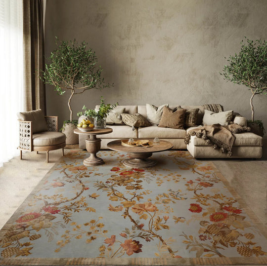 8x10 Blue, Sage Hand Knotted Tibetan Wool and Silk Lapchi Transitional Oriental Area Rug