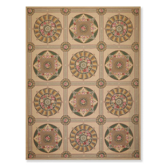 9x12 Beige Hand Hooked 100% Wool Traditional French Aubusson Oriental Area Rug
