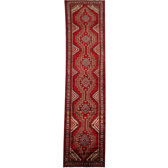 3'3" x 13'1" Vintage Hamadan Runner Hand Knotted Wool Oriental Area Rug Red