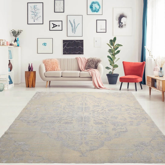 8' x 1'0 Hand Knotted Wool and Viscose Jaipur Medallion Oushak Transitional Oriental Area Rug Gray Beige, Taupe Color