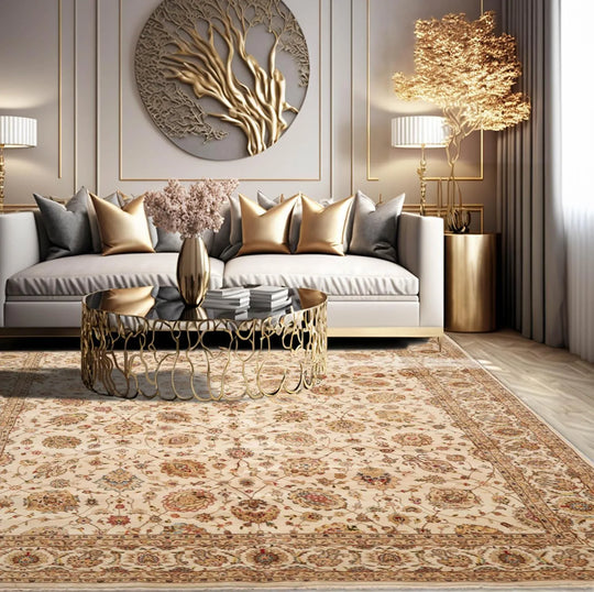 8x10 Ivory, Tan Hand Knotted Persian Wool and Silk Agra Traditional Oriental Area Rug