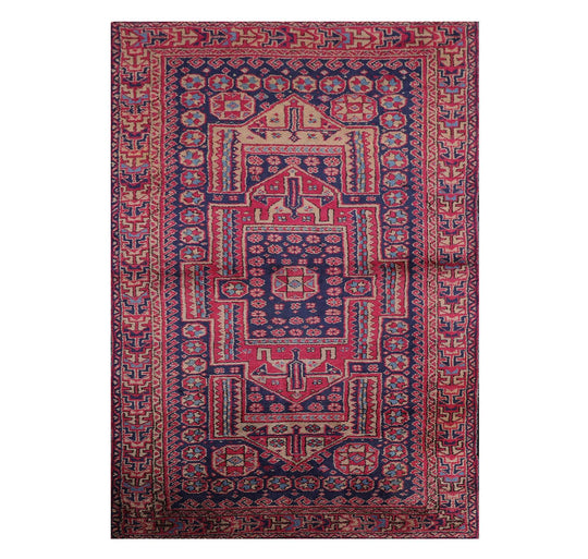 4'2" x 6'11" Antique Hand Knotted Wool Turkish Sparta Oriental Area Rug Navy