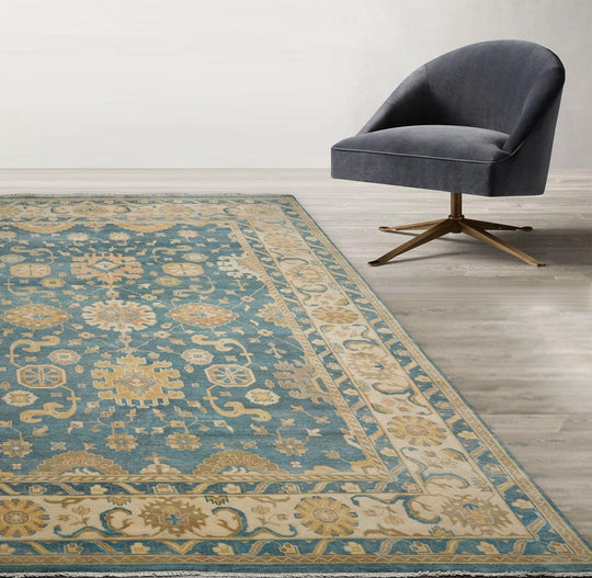 10’1" x 14’6”Muted Turkish Oushak Hand Knotted Wool Traditional Area Rug Blue