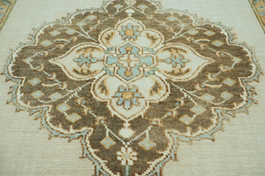 LoomBloom 8x10 Beige Hand Knotted Medallion Oushak Wool Oriental Area Rug