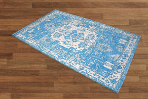 Multi Sizes Handmade Micro Printed Polyester Traditional Oriental Area Rug Blue, White Color - Oriental Rug Of Houston