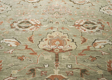 10x14 Green, Ivory, Rust Color Hand Knotted Oushak Wool Transitional Oriental Rug