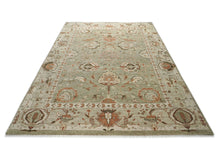 10x14 Green, Ivory, Rust Color Hand Knotted Oushak Wool Transitional Oriental Rug