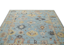 9x12 Blue, Beige, Light Gold Color Hand Knotted Oushak Wool Arts and Crafts Oriental Rug