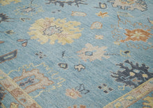 9x12 Blue, Light Gold, Rose Color Hand Knotted Oushak Wool Arts and Crafts Oriental Rug