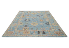 9x12 Blue, Light Gold, Rose Color Hand Knotted Oushak Wool Arts and Crafts Oriental Rug