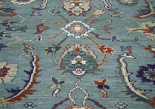 9x12 Blue, Ivory, Burnt Orange Color Hand Knotted Oushak Wool Transitional Oriental Rug