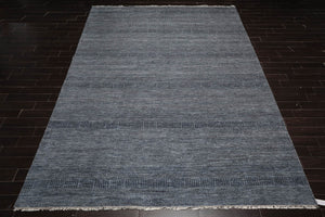 10'x14' Blue Hand Knotted Modern & Contemporary Geometric Tibetan Wool and Bamboo Silk Oriental Area Rug