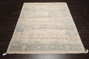 8x10 Hand Knotted Distress Quality Wool and Silk Traditional Oriental Area Rug Beige Aqua Color