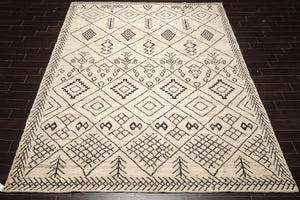 9'2''x11'7" Ivory Hand Knotted Afghan Moroccan Modern & Contemporary Tribal wool Oriental Area Rug