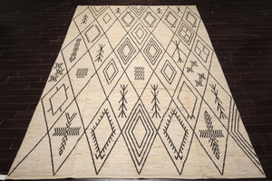 10'6''x13'10" Ivory Hand Knotted Afghan Moroccan Modern & Contemporary Tribal wool Oriental Area Rug