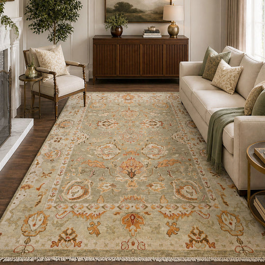 Multi Sizes LoomBloom Muted Turkish Oushak Hand Knotted Wool Traditional Area Rug Moss, Beige Color