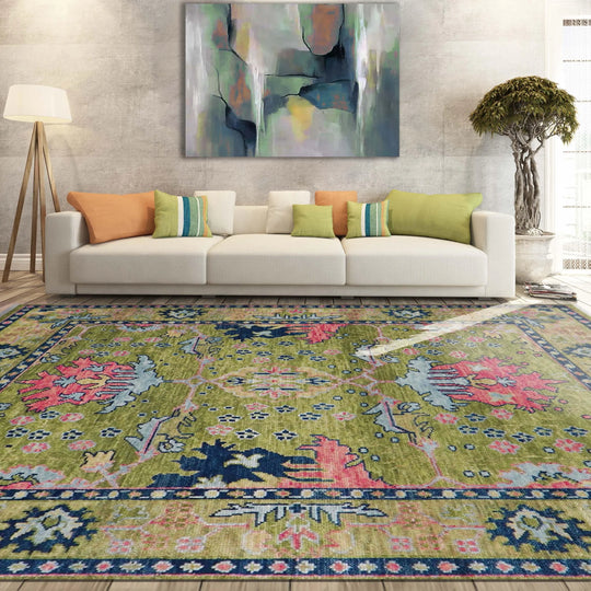 Multi Sizes Green, Pink Hand Knotted Muted Turkish Oushak 100% Wool Traditional Oriental Area Rug