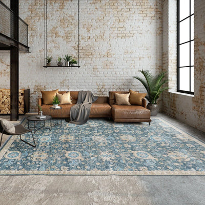 Multi Sizes Hand Knotted LoomBloom Muted Turkish Oushak 100% Wool Transitional Oriental Area Rug Blue, Beige Color - Oriental Rug Of Houston