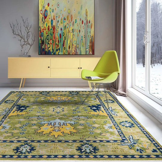 Multi Size Hand Knotted LoomBloom Muted Turkish Oushak 100% Wool  Traditional  Oriental Area Rug Green,Navy Color