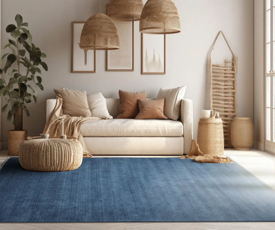 Multi Sizes Hand Loomed wool Plain Solid Minimalist Modern Area Rug Blue