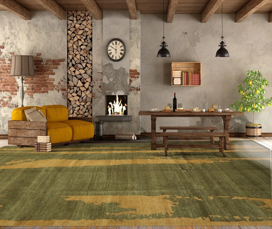 7'8''x9'9'' Hand Knotted Tibetan 100% Wool Michaelian & Kohlberg Modern & Contemporary Oriental Area Rug Green, Muted Gold Color