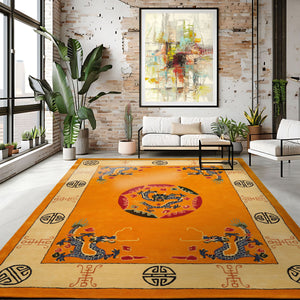 LoomBloom Multi Sizes Gold Hand Tufted Medallion & Dragon Chinese Art Deco New Zealand Wool Oriental Area Rug